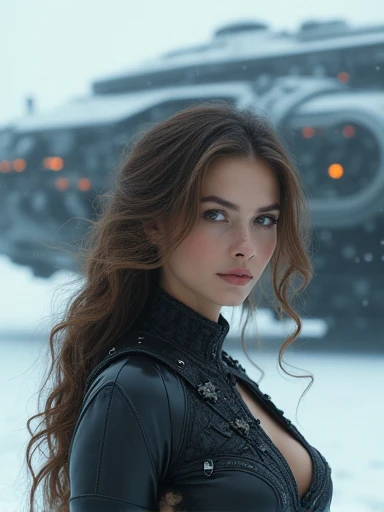 (masterpiece,ultra detailed,8k,photorealistic,cinematic lighting,dramatic lighting),(apocalyptic,snowy winter landscape),(beautiful young woman,23 years old,gorgeous european features,cleavage,long wavy brown hair,intense gaze,elegant pose),(giant futuristic spacecraft,high-tech shuttle,cold icy environment)