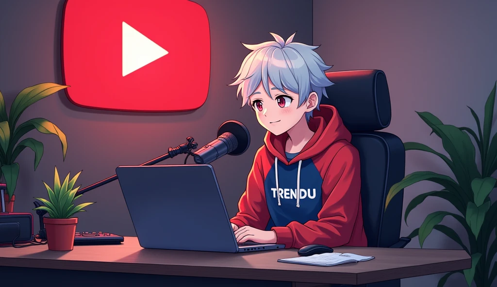 "Create an image of 'A 18 years anime boy, sitting in front of a laptop with a microphone , wearing red and blue hoodie with the Channel Name on it "TRENDU". The background includes a large YouTube logo on the wall, potted plants on either side, and various recording equipment."