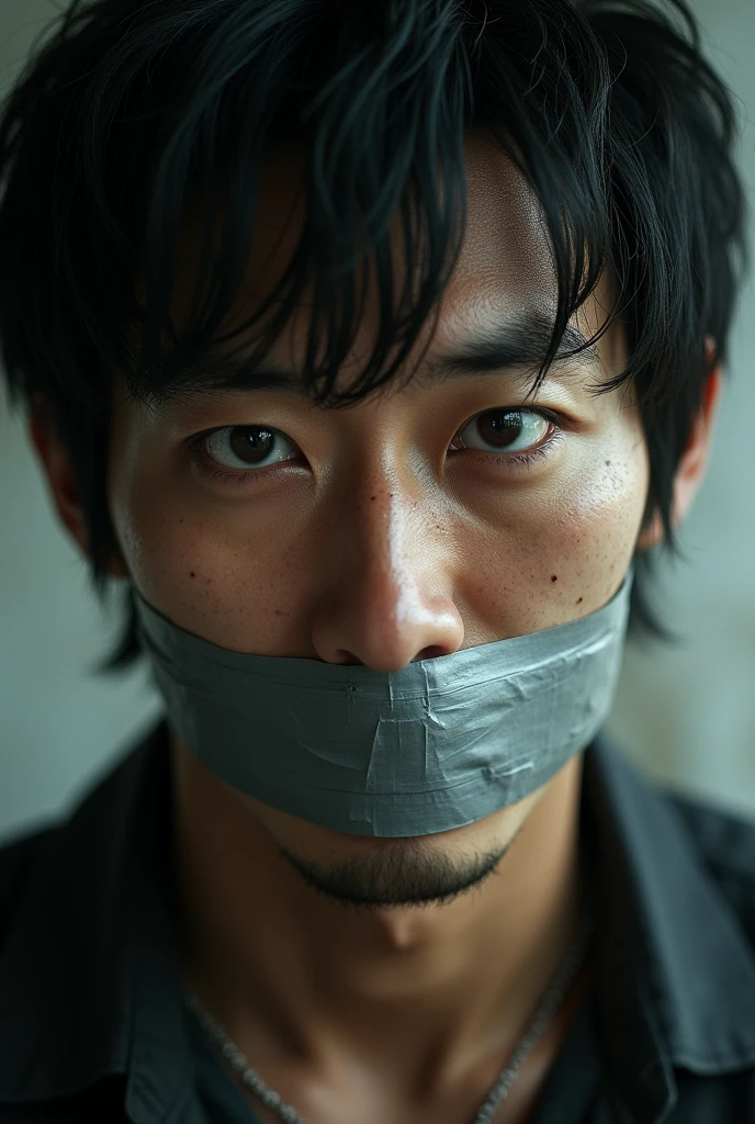 Handsome Japanese man with his mouth covered in duct tape asking for help