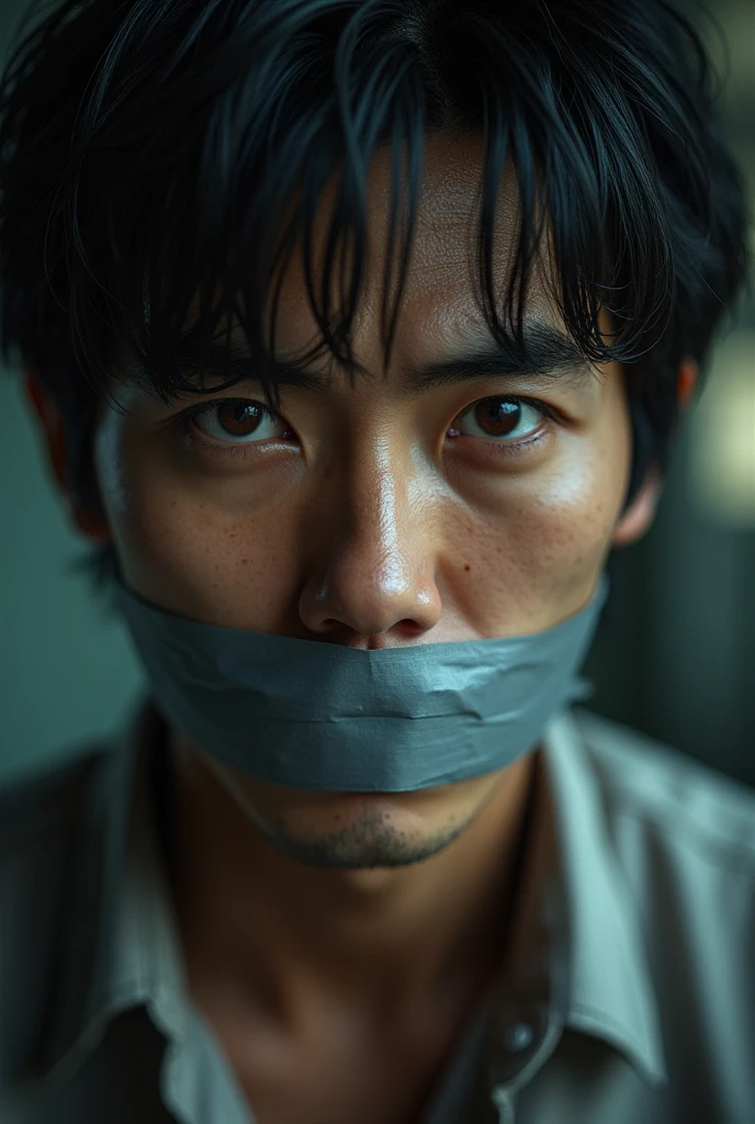 Handsome Japanese man with his mouth covered in duct tape asking for help