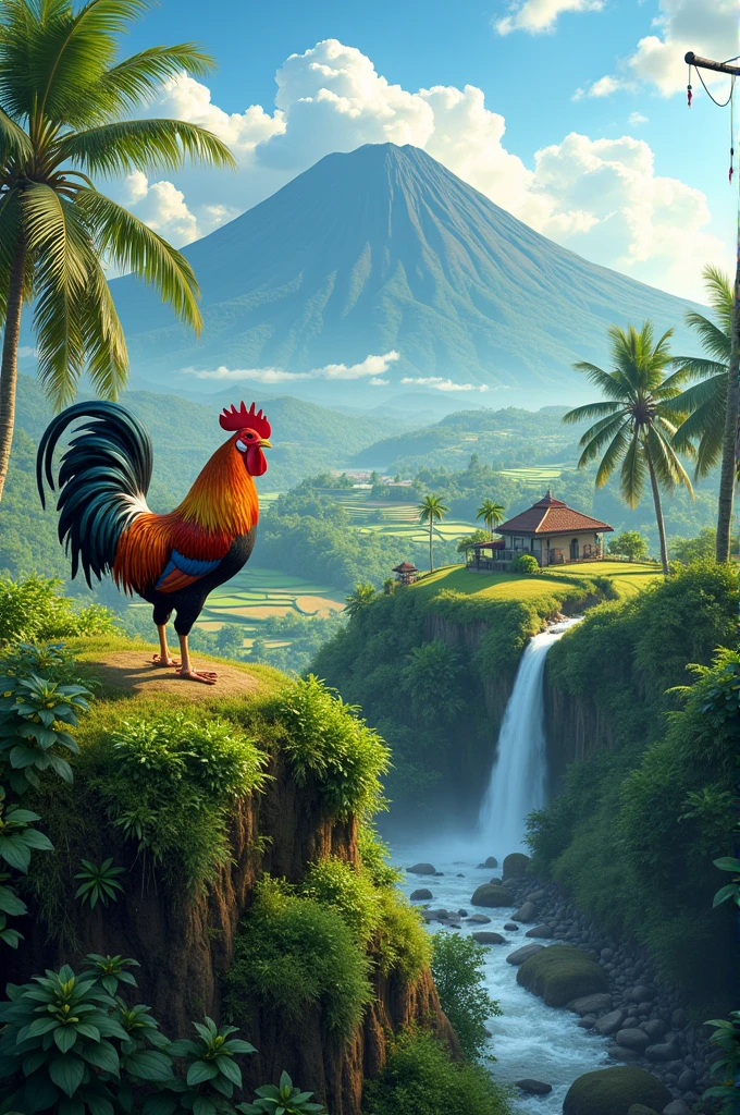 A rooster, the background is on a high hill, looks like terraced rice fields, river water flows, the waterfall flows, buffalo in the river, farmhouse, Indonesian flag on a wooden pole, coconut tree, green semeru mountain, clear blue sky with clouds, real photo ultra HD. 