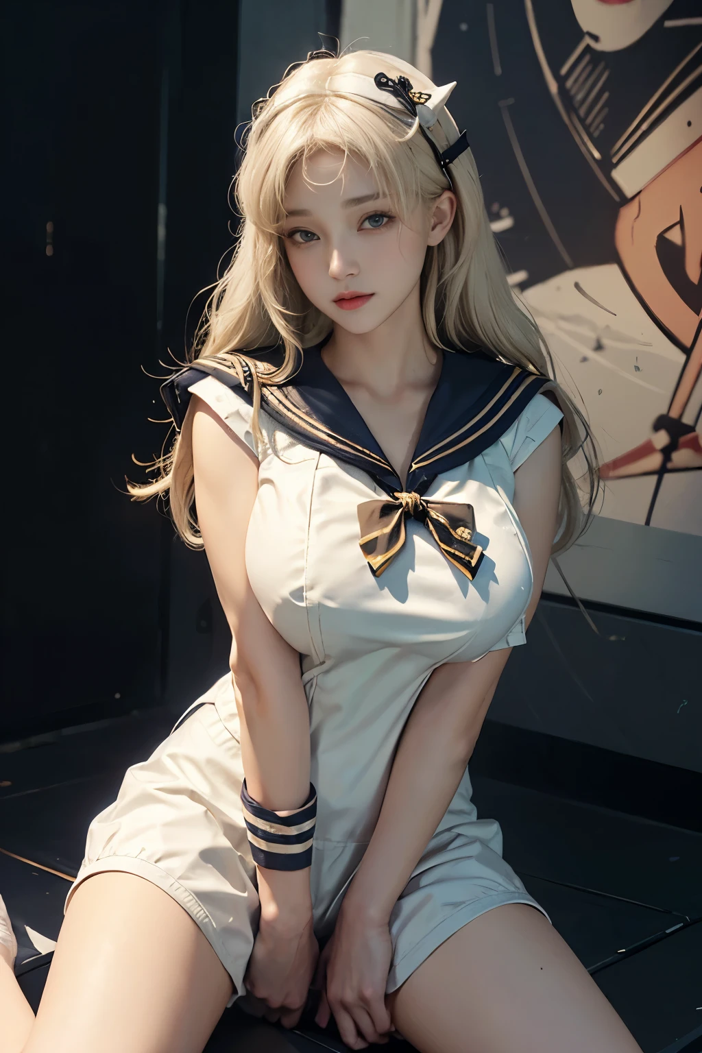 （Front Focus），(8k),（Dark Night：1.6）,((Huge boobs)), ((cute)), Fantasy art，((White beige hair)), ((Sailor suit:1.4)), Like the picture，Dynamic Lighting，Art Station，Poster，Volumetric lighting，Highly detailed face，((Huge boobs)),  Beautiful thighs、Are standing, (Spread your legs),  (I can see your crotch), ，With accessories，Sexy thighs，Expose the abdomen ,chest 1 , In the Dark, Deep Shadow, bass, Cowboy Shot, (コンセプトSailor suit:1.4), Shining Eyes