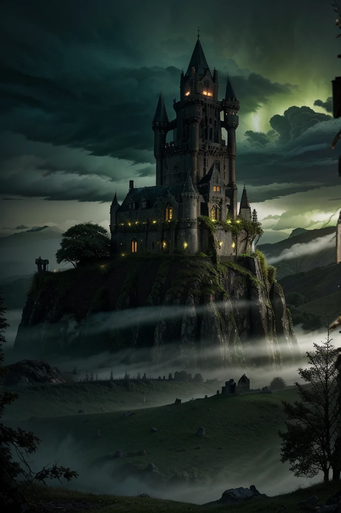 Create a dark fantasy scene featuring a majestic, ruined castle perched on a cliff’s edge, shrouded in mist and surrounded by twisted, ancient trees with gnarled branches. The sky above is a tumultuous mix of dark clouds and flashes of eerie green lightning, casting an ominous glow over the landscape. A desolate, overgrown graveyard lies at the castle's base, with crumbling gravestones and fog curling around them. A dark, enchanted forest stretches into the distance, its paths lined with glowing, spectral orbs. Capture the haunting beauty and foreboding atmosphere of this mystical, otherworldly realm
