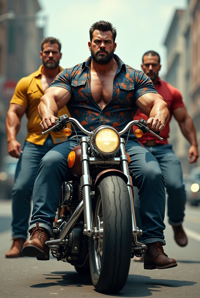 Big giant body builder men wearing unbuttoned multi coloured double pocket shirt on heavy motor bike