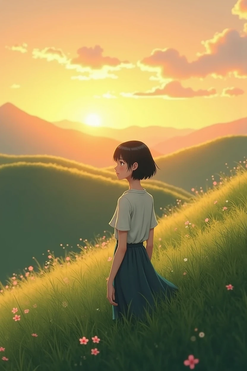 A short-haired Asian woman stands on a hillside in the morning as the sun begins to shine golden.