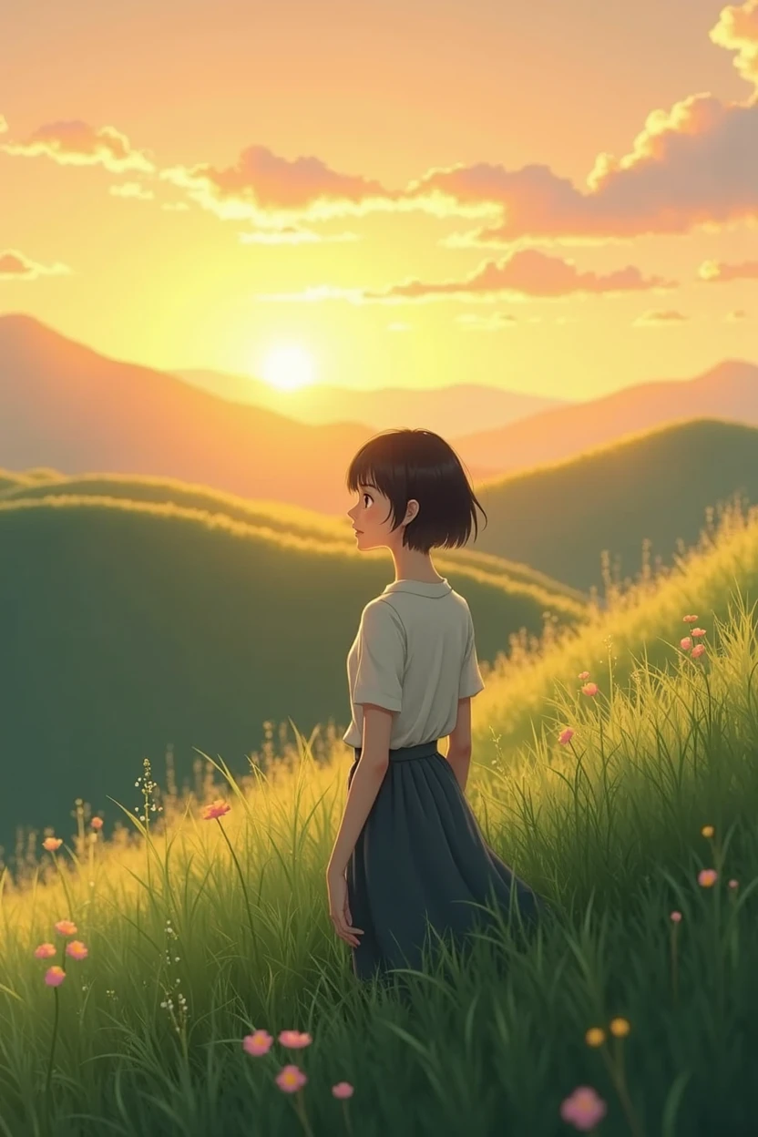 A short-haired Asian woman stands on a hillside in the morning as the sun begins to shine golden.