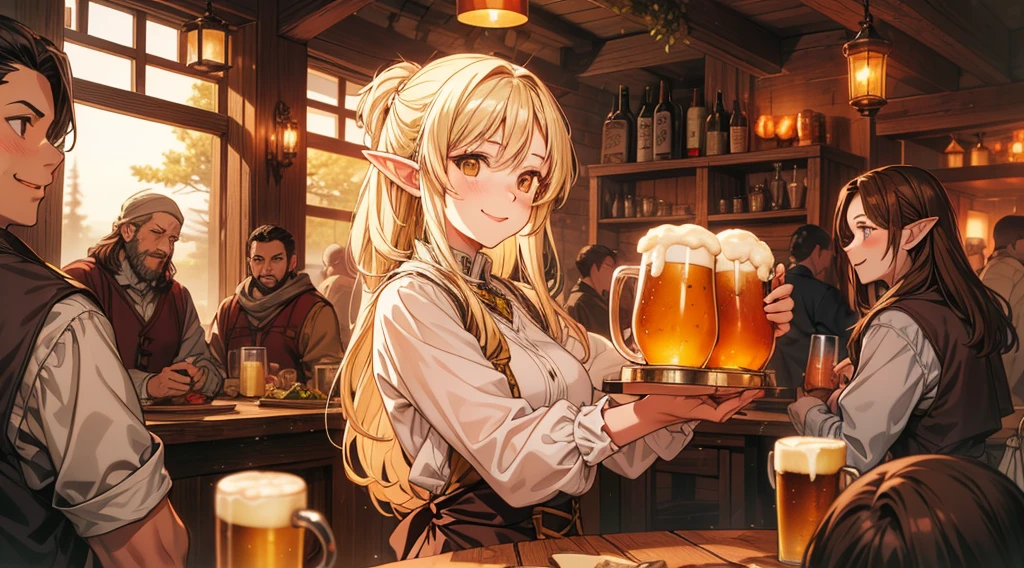 An illustrated scene set in a lively fantasy tavern at twilight. The focus is on a cheerful elf waitress, a young woman with long flowing hair and pointed ears, wearing a traditional tavern outfit. She is smiling warmly as she carries a large tray of mugs filled with beer, distributing them to a diverse group of patrons gathered around a round wooden table. The background shows a bustling tavern filled with various races, including humans, dwarves, and elves, all engaged in lively conversation. The setting is cozy, with a warm glow from lanterns and a large hearth, casting a soft, inviting light. The overall mood is vibrant yet warm, with a mix of soft browns, golds, and oranges to reflect the twilight hour.