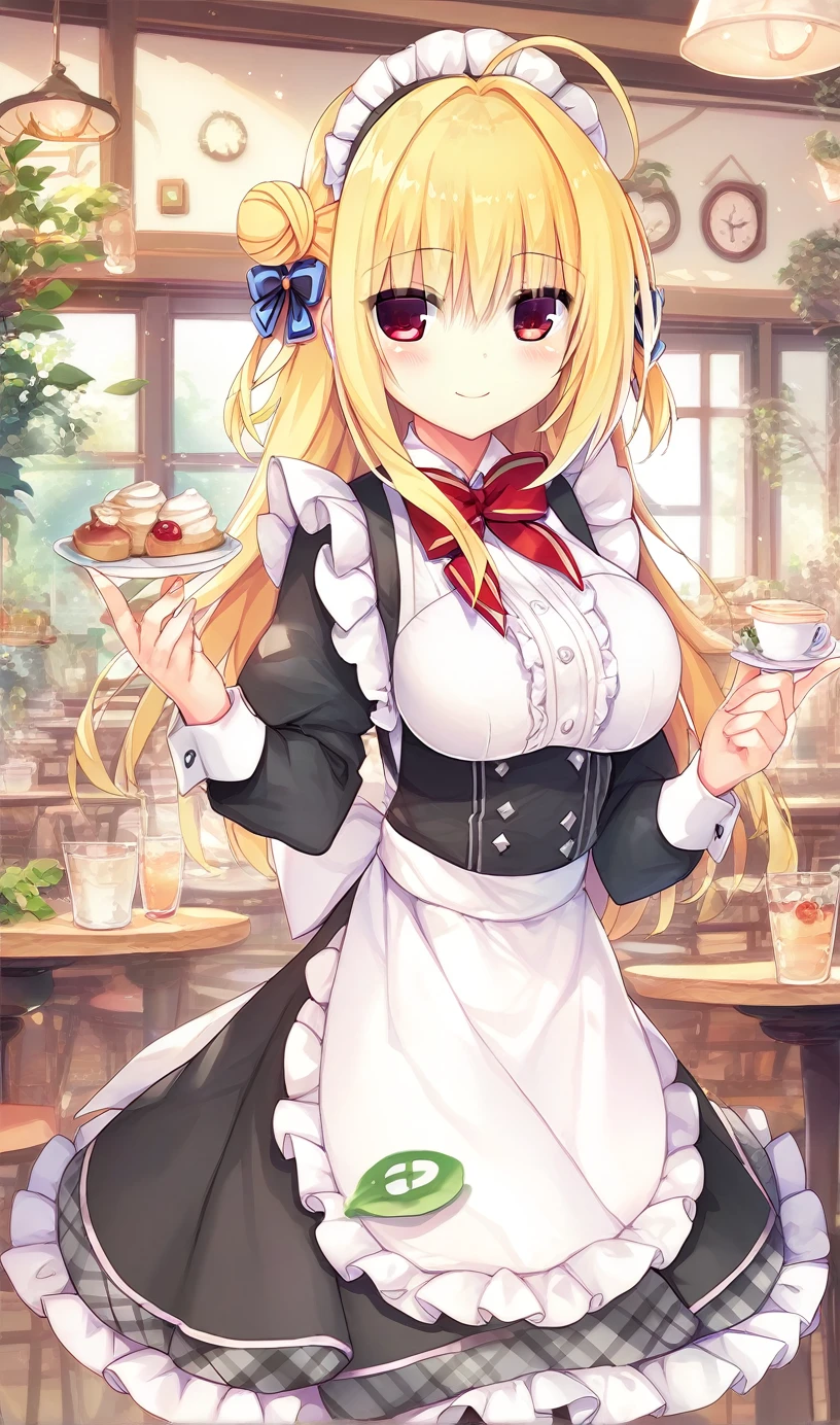 hiyori-default,red eyes,blonde hair, double bun,ahoge,maid,maid costume,maid_headdress,bowtie,black_pantyhose,smiling,cafe