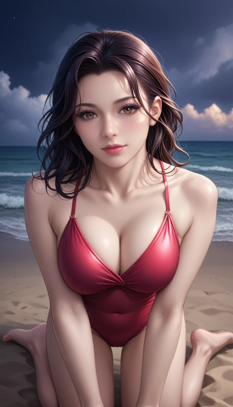 score_9, score_8_superior, score_7_superior, High-resolution CG illustration,A masterpiece in 32K resolution,Highest quality,it is really amazing,Very detailed,Ultra-high resolution,Ultra-realistic,Realistic,Increased depth of field,Cinematic lighting,
Sexy mature Japan woman,
Long black hair,Showing his forehead,Ultra-detailed and beautiful face,Calm and gentle look,Beautiful brown eyes,Translucent white skin,Realistic skin texture,Great proportions,
Elegant red swimsuit,
Simple design,Chic color scheme based on red,Detailed fabric texture,
(Dark overcast sky on a dull night:1.1),(Dark clouds filling the sky:1.1),Thundercloud,Coastline at night,Stormy seas,delay々A desolate sandy beach that continues,
Kneeling on the sand,High angle,