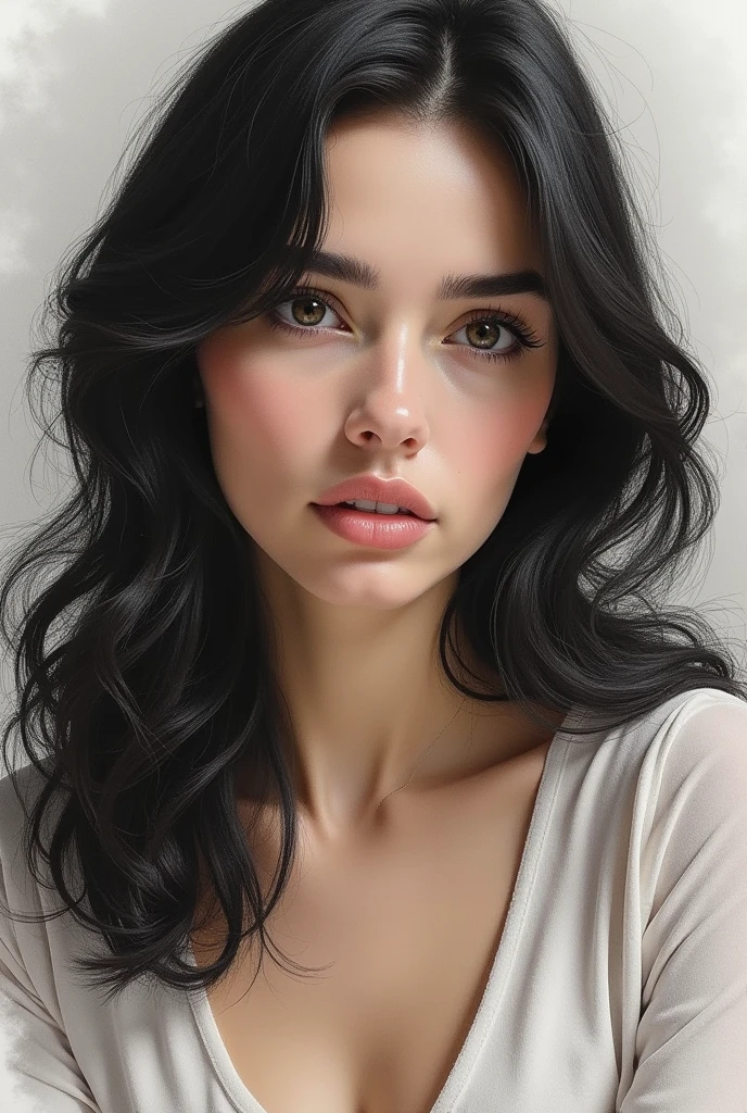 drawing of the face of a 35 year old woman, white, dark haired