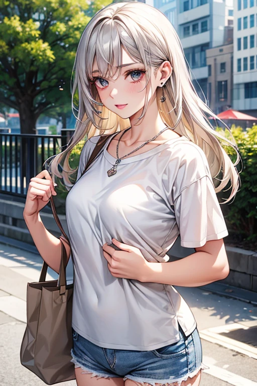 High-quality, ultra-realistic portraits。She has a face that is both cute and pure.、((It has a rounded and gentle contour))。(Eyes are large、Her clear eyes are distinctive、The nose is small and well-formed。Lips in natural color、Modest thickness)。The skin is transparent、Has a healthy glow。Makeup is natural、She uses thin foundation and subtle lip color.。clothing:
- White cotton T-shirt
- Denim shorts
- White sneakers
Accessories:
- Simple silver necklace
- Small silver stud earrings
- Beige canvas tote bag
Makeup:
- Natural Makeup、Pink lip gloss
Background:
Cafe terrace in the city、Bright sunshine。The lighting is soft and natural.、Accentuating facial features、Does not emphasize shadows。