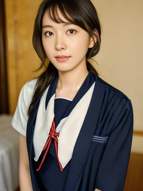 (Masterpiece, Best quality:1.4), (Ultra realistic, Photo-realistic:1.2), Natural light, 25 years old actress, Japanese women, Neat and clean, (Sailor suit, short sleeve suit:1.2), (Dark navy skirt:1.3), (Dark navy ribbon:1.2), (Short wavy hair:1.1), Ponytail, Light brown hair color, (Beautiful Face), Oval face, clear, (Beautiful eyes, Kind eyes), (Clear skin), Small face, (Small mouth), (Beautiful mouth), Natural makeup, Approachable, Luxury hotel Suite room, On bed, Seductive smile, (Seductive pose:1.2), (Beautiful thighs:1.1), (Bedroom eyes), (nsfw:1.1), (lesbian couple:1.1), (petting together), obscene reality of girls, (crotch rub:1.1), (open suit:1.1)