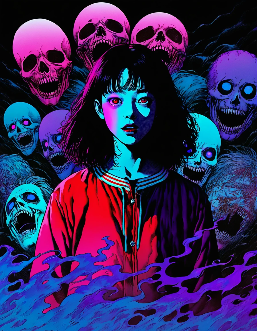 illust、art、from 80s horror movie, directed by Junji Ito、nightmare、high detail, realsitic shadow、Analog style, vhs style, 8mm film, chromatic aberration, Dvd screengrab、Blue-purple and red-purple gradation、Surrealism、ricky pije、rickpy pj、male