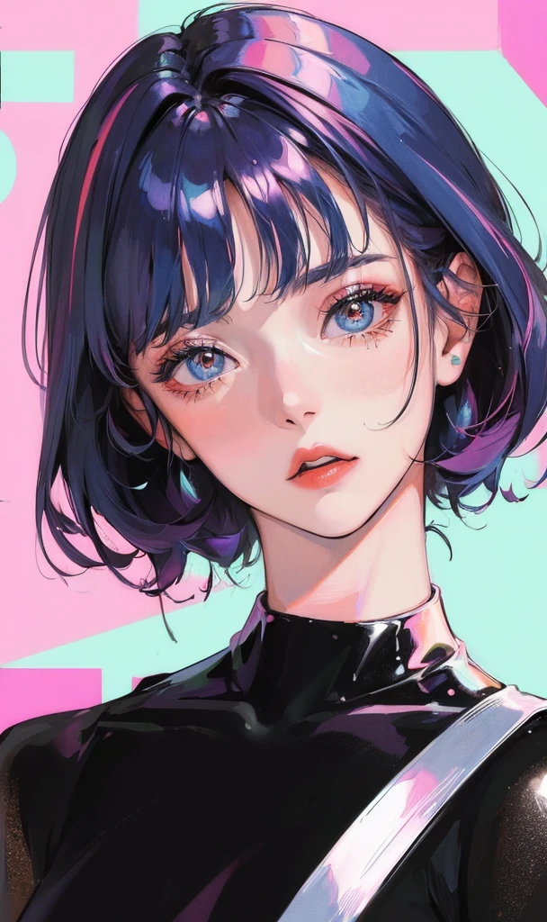 (((pop)))、1990s、((Colorful background))(Highest quality,Super detailed,High resolution:1.2),A beautiful young girl with a perfect face., Cool look, Shiny Hair,Exquisite makeup,Portrait,