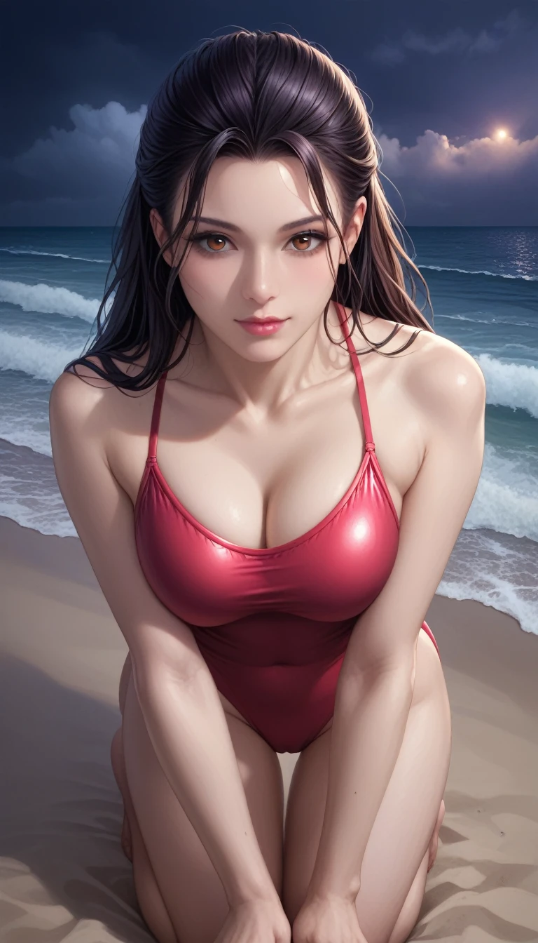 score_9, score_8_superior, score_7_superior, High-resolution CG illustration,A masterpiece in 32K resolution,Highest quality,it is really amazing,Very detailed,Ultra-high resolution,Ultra-realistic,Realistic,Increased depth of field,Cinematic lighting,
Sexy mature Japan woman,
Long black hair,Showing his forehead,Ultra-detailed and beautiful face,Calm and gentle look,Beautiful brown eyes,Translucent white skin,Realistic skin texture,Great proportions,
Elegant red swimsuit,
Simple design,Chic color scheme based on red,Detailed fabric texture,
(Dark overcast sky on a dull night:1.1),(Dark clouds filling the sky:1.1),Thundercloud,Coastline at night,Stormy seas,delay々A desolate sandy beach that continues,
Kneeling on the sand,High angle,