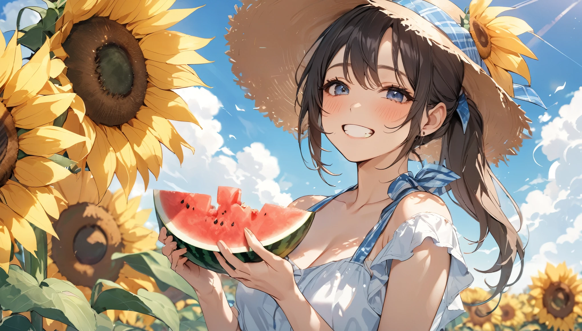 Highest quality,Eating watermelon happily,ponytail,blue sky,summer,sunflower