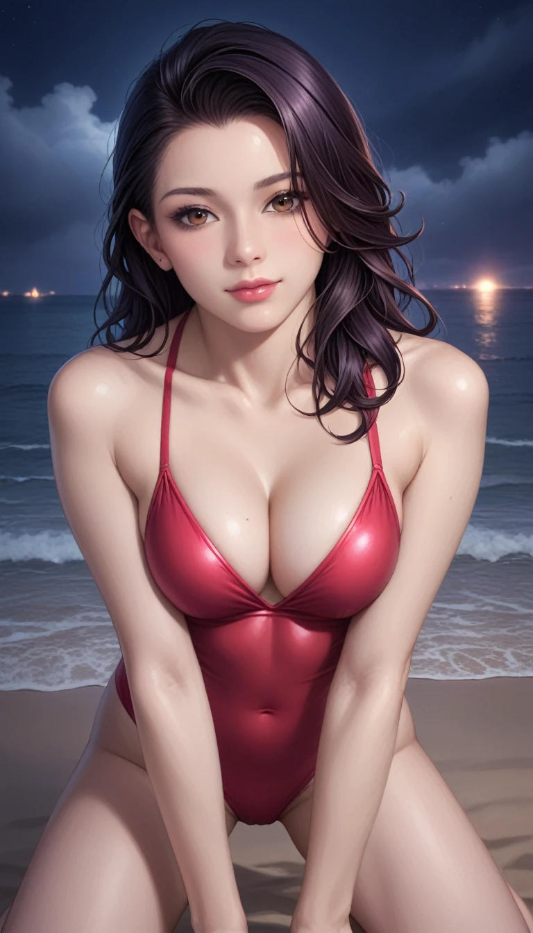 score_9, score_8_superior, score_7_superior, High-resolution CG illustration,A masterpiece in 32K resolution,Highest quality,it is really amazing,Very detailed,Ultra-high resolution,Ultra-realistic,Realistic,Increased depth of field,Cinematic lighting,
Sexy mature Japan woman,
Long black hair,Showing his forehead,Ultra-detailed and beautiful face,Calm and gentle look,Beautiful brown eyes,Translucent white skin,Realistic skin texture,Great proportions,
Elegant red swimsuit,
Simple design,Chic color scheme based on red,Detailed fabric texture,
(Dark overcast sky on a dull night:1.1),(Dark clouds filling the sky:1.1),Thundercloud,Coastline at night,Stormy seas,delay々A desolate sandy beach that continues,
Kneeling on the sand,High angle,