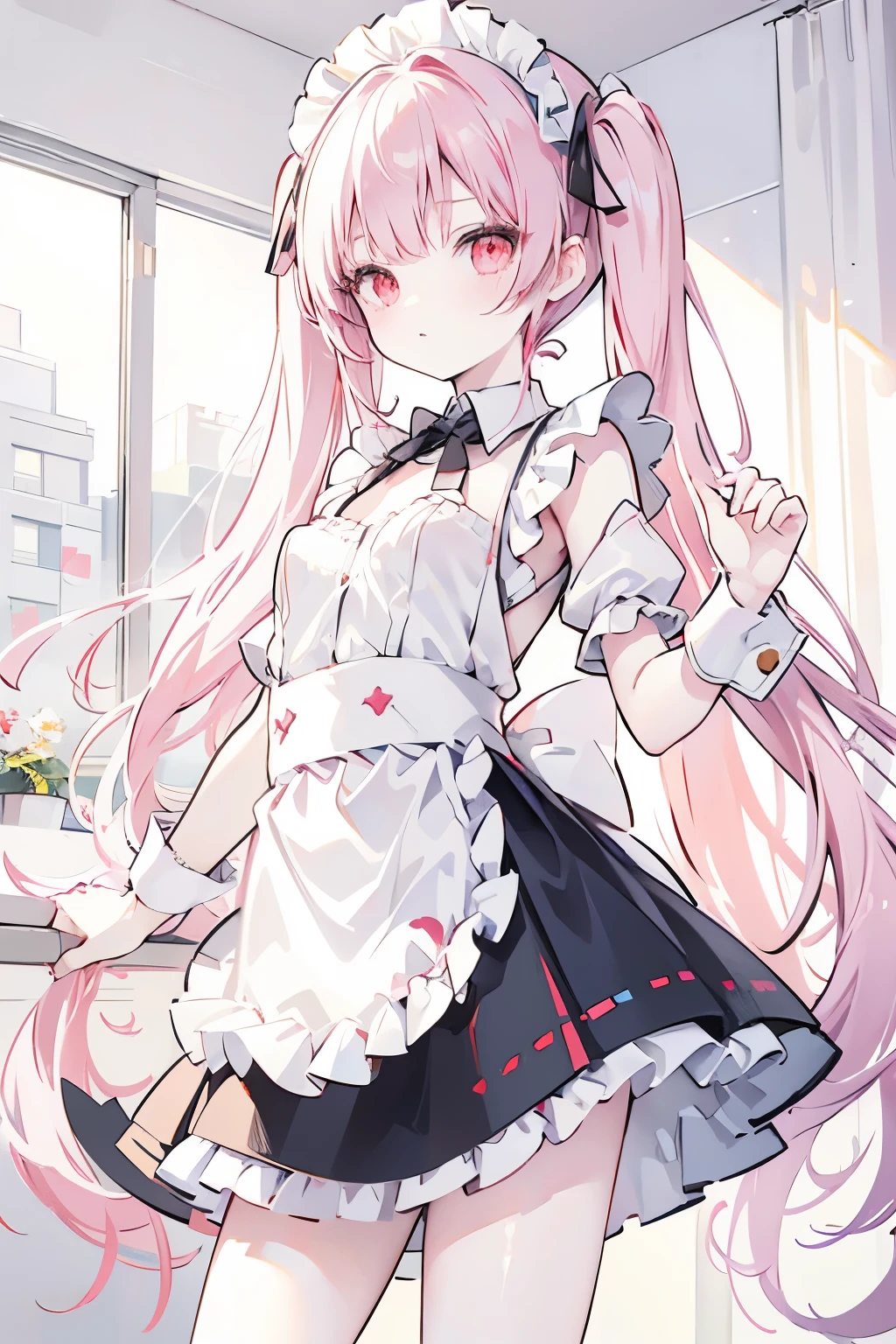 Photo Original, Realist, face, Small breasts, Maid clothes, mini skirt, Unbelievably ridiculous, beautiful girl, Pale peach long hair,Twin tails, Red Eyes, Angel&#39;s wing, Short straps, Depth of written boundary, High resolution, Very detailed,student, Sharp focus, Cinema Lighting