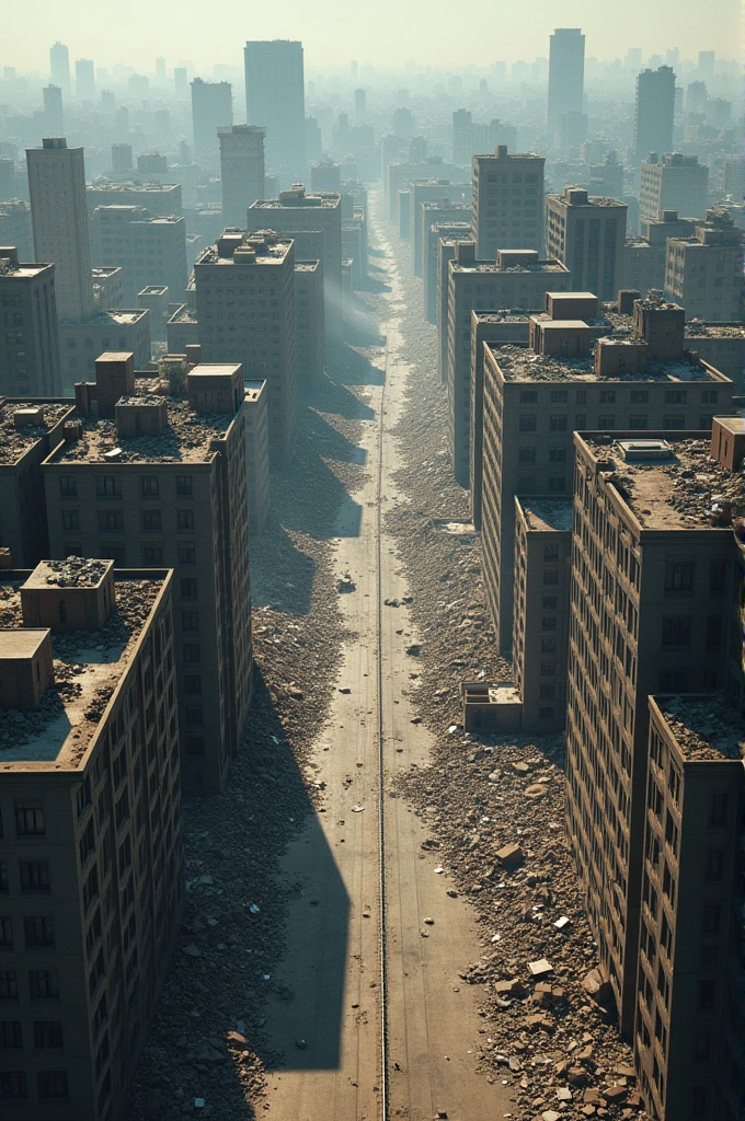 Bird eye view angle of the city collapsed due to the earthquake, in which the roads are broken, all the buildings collapsed,