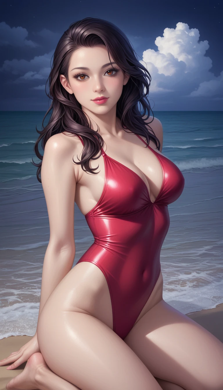 score_9, score_8_superior, score_7_superior, High-resolution CG illustration,A masterpiece in 32K resolution,Highest quality,it is really amazing,Very detailed,Ultra-high resolution,Ultra-realistic,Realistic,Increased depth of field,Cinematic lighting,
Sexy mature Japan woman,
Long black hair,Showing his forehead,Ultra-detailed and beautiful face,Calm and gentle look,Beautiful brown eyes,Translucent white skin,Realistic skin texture,Great proportions,
Elegant red swimsuit,
Simple design,Chic color scheme based on red,Detailed fabric texture,
(Dark overcast sky on a dull night:1.1),(Dark clouds filling the sky:1.1),Thundercloud,Coastline at night,Stormy seas,delay々A desolate sandy beach that continues,
Kneeling on the sand,High angle,