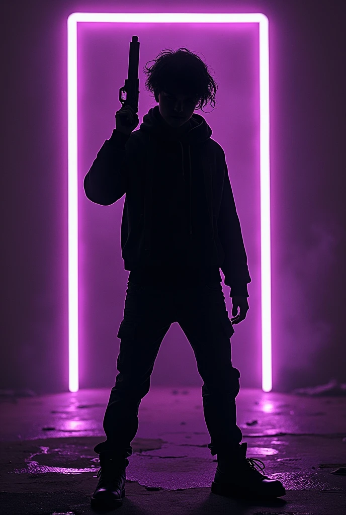 Black and white logo with a purple neon silhouette of a teenager holding a gun
