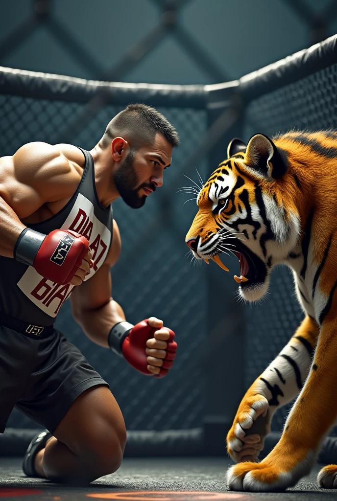 MMA fighter wearing a shirt that says Diaz, a muscular tiger in an octagon