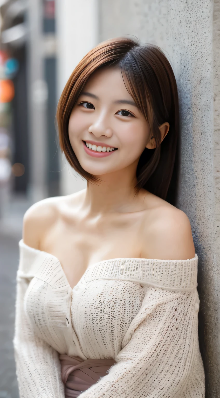 masterpiece,best quality,(Japanese girl),((Beautiful girl)),cleavage,(off shoulder:1.2),(perfect body beauty:1.2),(shy smile),beautiful teeth,From slightly above