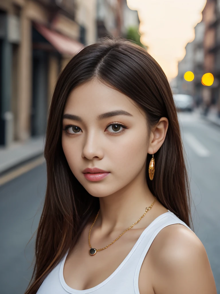 最high quality、masterpiece、High resolution、1 female、necklace、gem、Earrings、Beautiful Face、Body Up、Tyndall effect、Realistic、Rim Light、Two-tone lighting、(High resolutionスキン:1.2)、8k UHD、Digital SLR、Soft lighting、high quality、Volumetric lighting、photograph、High resolution、4K、8k、Brown haired woman、Adult、Small eyes、Perfect Mouth、Highly detailed eyes and mouth、Black natural eyes、Pure brown hair color、LOL、Caucasian skin color、White shirt and random color tank top、Hair quality and shine、street、town、road、congestion、