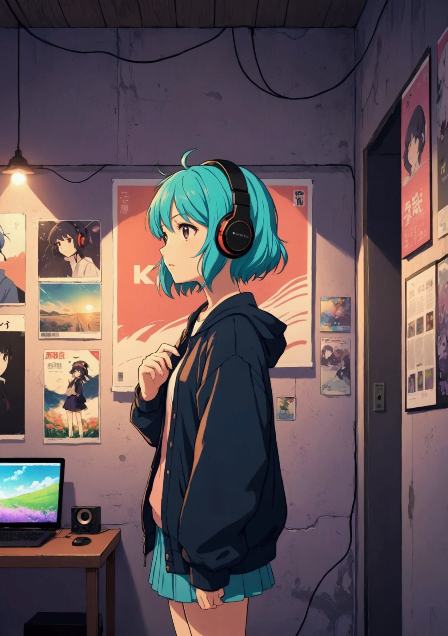 An anime character with headphones standing in front of a wall with 8 posters., lo-fi girl, Anime atmosphere, Lofi Artstyle, Anime Style 4k, Anime aesthetics, Nightcore, Lo-fi feel, Lofi Art, anime art wallpaper 4k, anime art wallpaper 4k, anime wallpaper 4k, anime wallpaper 4k, An atmosphere of praise, Kaisei and Artgelm,Facing forward、Whisper