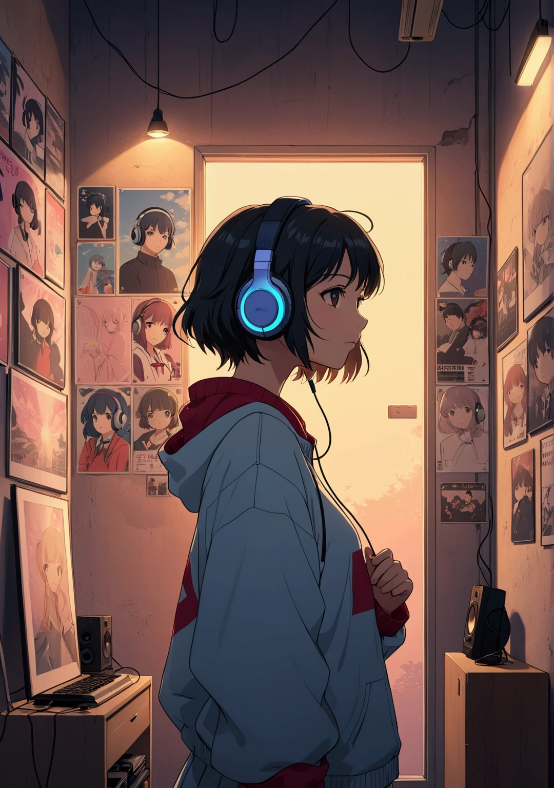 An anime character with headphones standing in front of a wall with 8 posters., lo-fi girl, Anime atmosphere, Lofi Artstyle, Anime Style 4k, Anime aesthetics, Nightcore, Lo-fi feel, Lofi Art, anime art wallpaper 4k, anime art wallpaper 4k, anime wallpaper 4k, anime wallpaper 4k, An atmosphere of praise, Kaisei and Artgelm,Facing forward、Whisper