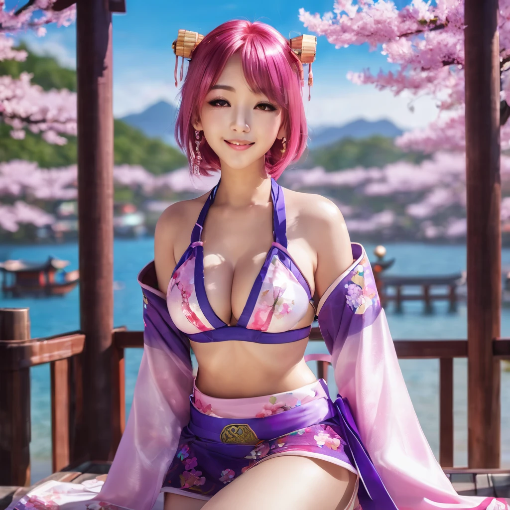 1girl, (ulzzang-6500:0.7), kpop idol, yae miko, bikini, detached sleeves, bare shoulders, pink hair, long hair, bikini, best quality, (painting:1.5), (hair ornament:1.35), jewelry, purple eyes, earrings, breasts, torii, cherry blossoms, lantern light, depth of field, detailed face, face focus, ribbon_trim, (looking at viewer:1.25), nontraditional miko, shiny skin, long sleeves, smile, thick lips, game cg, hands on lips, east asian architecture, (blurry background:1.2), sitting, upper body, bikini