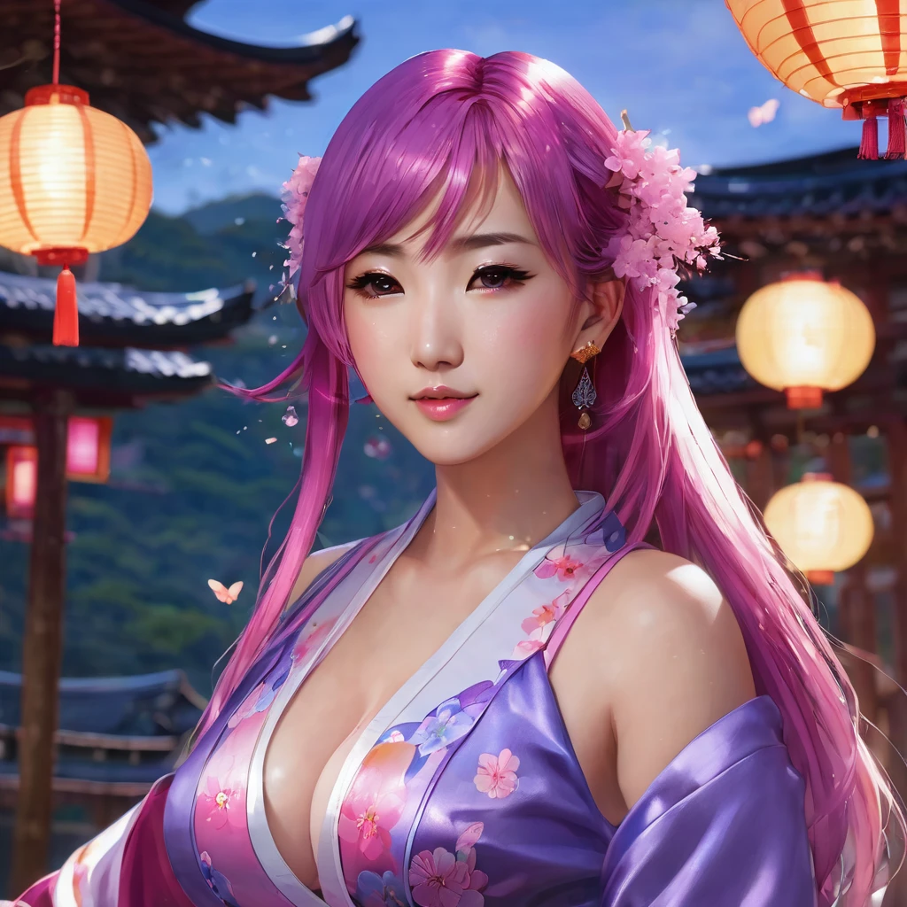1girl, (ulzzang-6500:0.7), kpop idol, yae miko, bikini, detached sleeves, bare shoulders, pink hair, long hair, bikini, best quality, (painting:1.5), (hair ornament:1.35), jewelry, purple eyes, earrings, breasts, torii, cherry blossoms, lantern light, depth of field, detailed face, face focus, ribbon_trim, (looking at viewer:1.25), nontraditional miko, shiny skin, long sleeves, smile, thick lips, game cg, hands on lips, east asian architecture, (blurry background:1.2), sitting, upper body, bikini