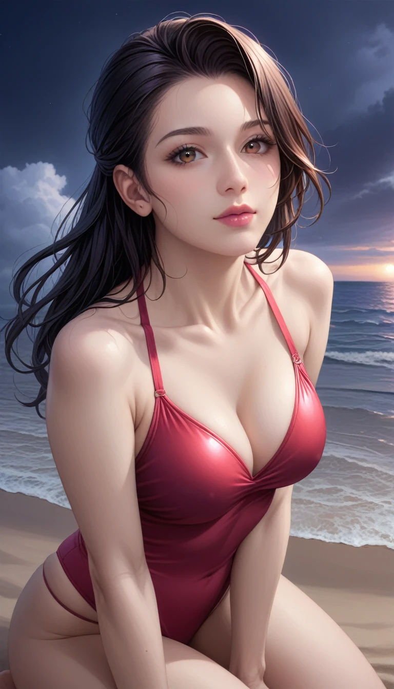 score_9, score_8_superior, score_7_superior, High-resolution CG illustration,A masterpiece in 32K resolution,Highest quality,it is really amazing,Very detailed,Ultra-high resolution,Ultra-realistic,Realistic,Increased depth of field,Cinematic lighting,
Sexy mature Japan woman,
Long black hair,Showing his forehead,Ultra-detailed and beautiful face,Calm and gentle look,Beautiful brown eyes,Translucent white skin,Realistic skin texture,Great proportions,
Elegant red swimsuit,
Simple design,Chic color scheme based on red,Detailed fabric texture,
(Dark overcast sky on a dull night:1.1),(Dark clouds filling the sky:1.1),Thundercloud,Coastline at night,Stormy seas,delay々A desolate sandy beach that continues,
Kneeling on the sand,High angle,