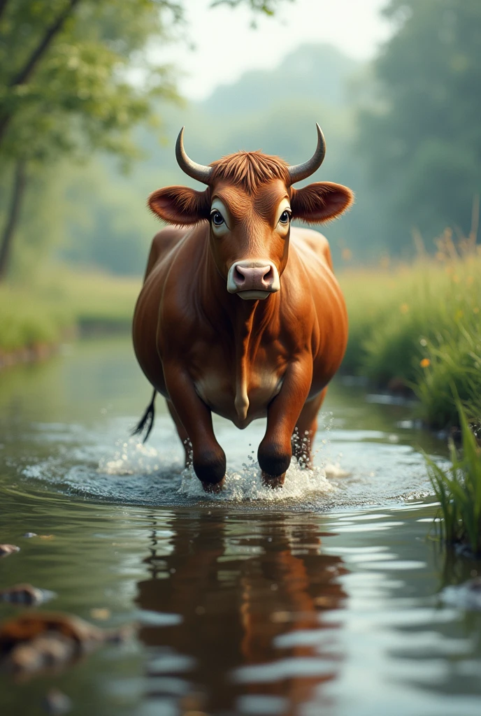 Create an image of a cow on a river 