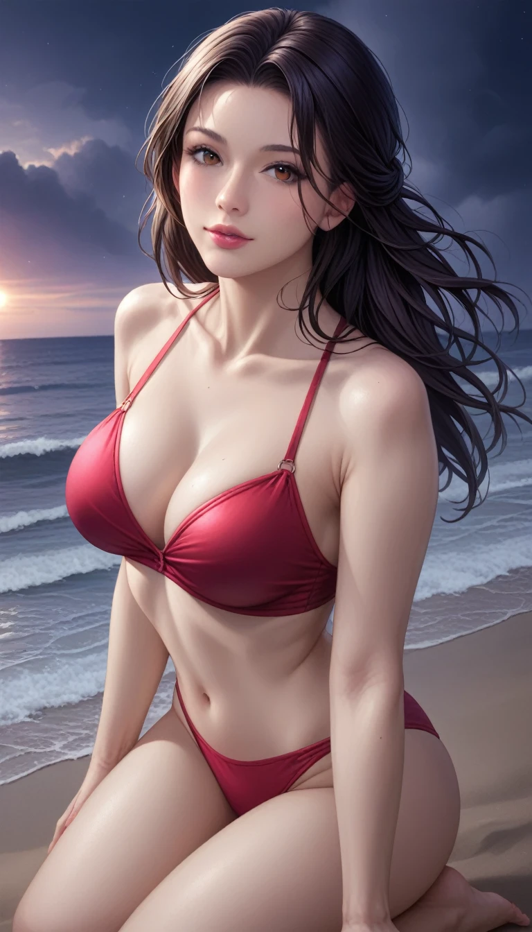 score_9, score_8_superior, score_7_superior, High-resolution CG illustration,A masterpiece in 32K resolution,Highest quality,it is really amazing,Very detailed,Ultra-high resolution,Ultra-realistic,Realistic,Increased depth of field,Cinematic lighting,
Sexy mature Japan woman,
Long black hair,Showing his forehead,Ultra-detailed and beautiful face,Calm and gentle look,Beautiful brown eyes,Translucent white skin,Realistic skin texture,Great proportions,
Elegant red swimsuit,
Simple design,Chic color scheme based on red,Detailed fabric texture,
(Dark overcast sky on a dull night:1.1),(Dark clouds filling the sky:1.1),Thundercloud,Coastline at night,Stormy seas,delay々A desolate sandy beach that continues,
Kneeling on the sand,High angle,