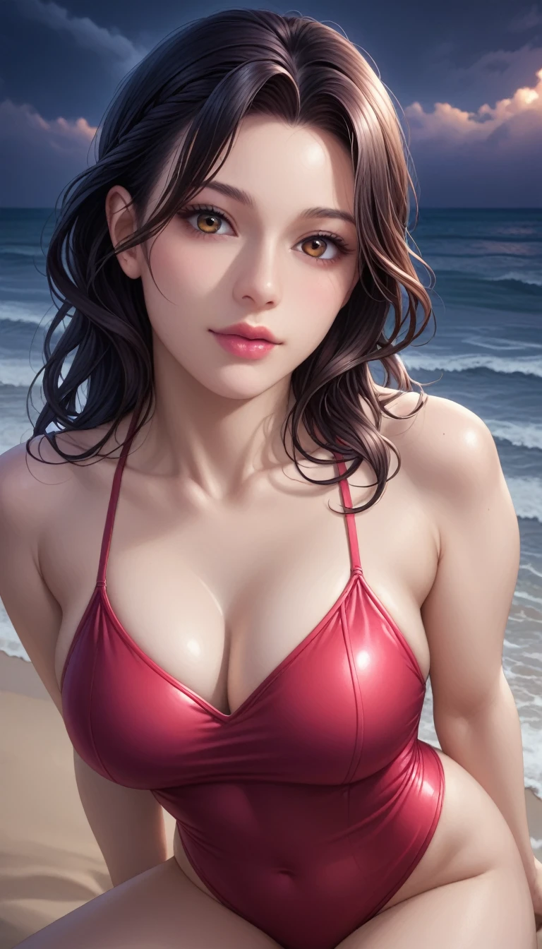 score_9, score_8_superior, score_7_superior, High-resolution CG illustration,A masterpiece in 32K resolution,Highest quality,it is really amazing,Very detailed,Ultra-high resolution,Ultra-realistic,Realistic,Increased depth of field,Cinematic lighting,
Sexy mature Japan woman,
Long black hair,Showing his forehead,Ultra-detailed and beautiful face,Calm and gentle look,Beautiful brown eyes,Translucent white skin,Realistic skin texture,Great proportions,
Elegant red swimsuit,
Simple design,Chic color scheme based on red,Detailed fabric texture,
(Dark overcast sky on a dull night:1.1),(Dark clouds filling the sky:1.1),Thundercloud,Coastline at night,Stormy seas,delay々A desolate sandy beach that continues,
Kneeling on the sand,High angle,