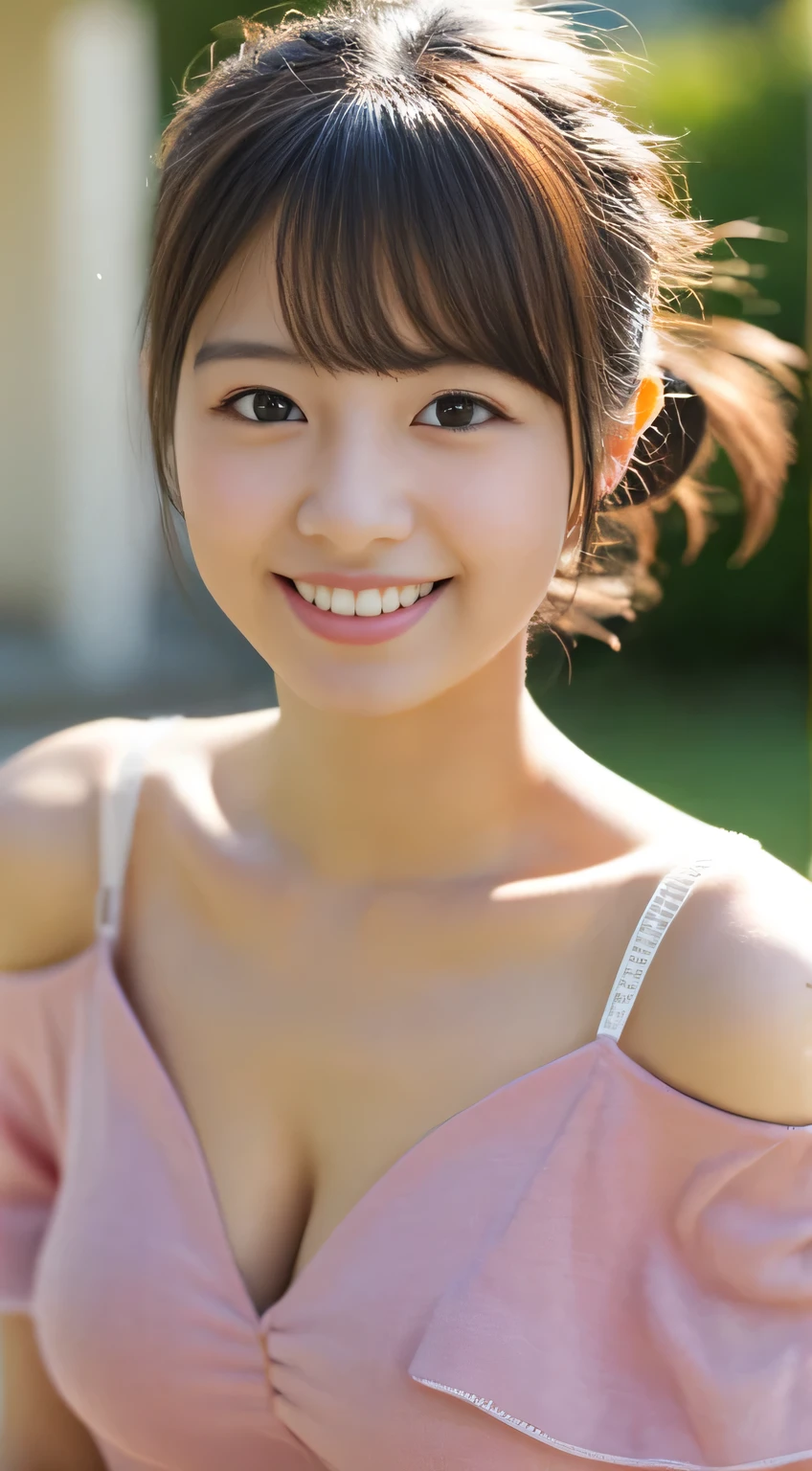 masterpiece,best quality,(Japanese girl),((Beautiful girl)),cleavage,(off shoulder:1.2),(perfect body beauty:1.2),(shy smile),beautiful teeth,From slightly above