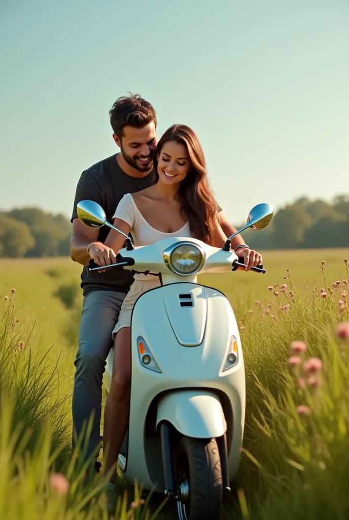 Man teaching a woman how to ride a Scooty from sitting backward of her in field
