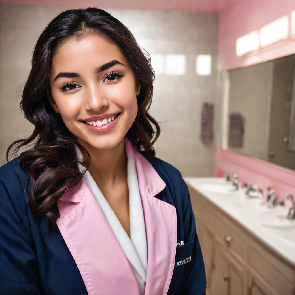 Young Latina ((ultra realistic:1.2)), smiling a lot in navy blue lab coat and light pink pants, in the bathroom extremely bright, (clouse-up), face close, dslr, 100 mm