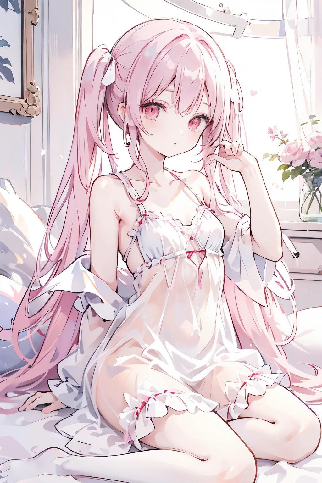 Photo Original, Realist, face, Small breasts, Pink chiffon lingerie dress, Unbelievably ridiculous, beautiful girl, Pale peach long hair,Twin tails, Red Eyes, Angel&#39;s wing, Short straps, Depth of written boundary, High resolution, Very detailed,student, Sharp focus, Cinema Lighting
