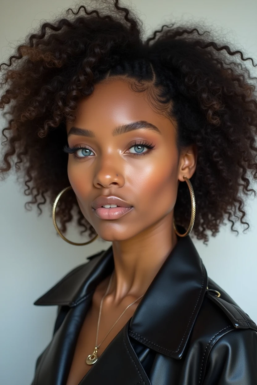 {
"prompt": "Create a highly detailed portrait of a 25-year-old influencer with Afro-Chinese heritage. She has striking blue-gray eyes, reflecting a unique and captivating appearance. Her hair is a blend of natural curls and sleek straight sections, representing her mixed heritage. Her skin tone is a warm, rich caramel, and she exudes a confident, modern style. She is dressed in trendy, fashion-forward clothing, possibly a mix of streetwear and high fashion. The background is minimalistic, focusing attention on her expressive face and stylish outfit."
}