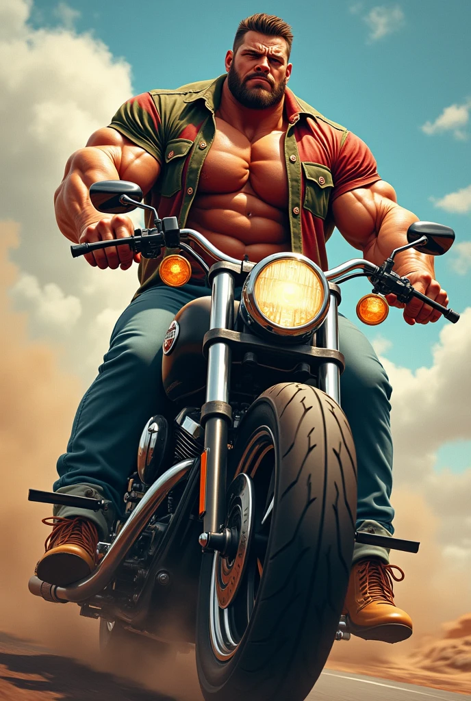 Big giant body builder men wearing unbuttoned multi coloured double pocket shirt on heavy motor bike