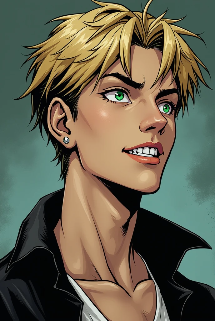 comic panel, character, teen male, beautiful vampire, blond, green eyes, ear piercing, tired eyes, smiling,a line on each eyelid from top to bottom, fangs