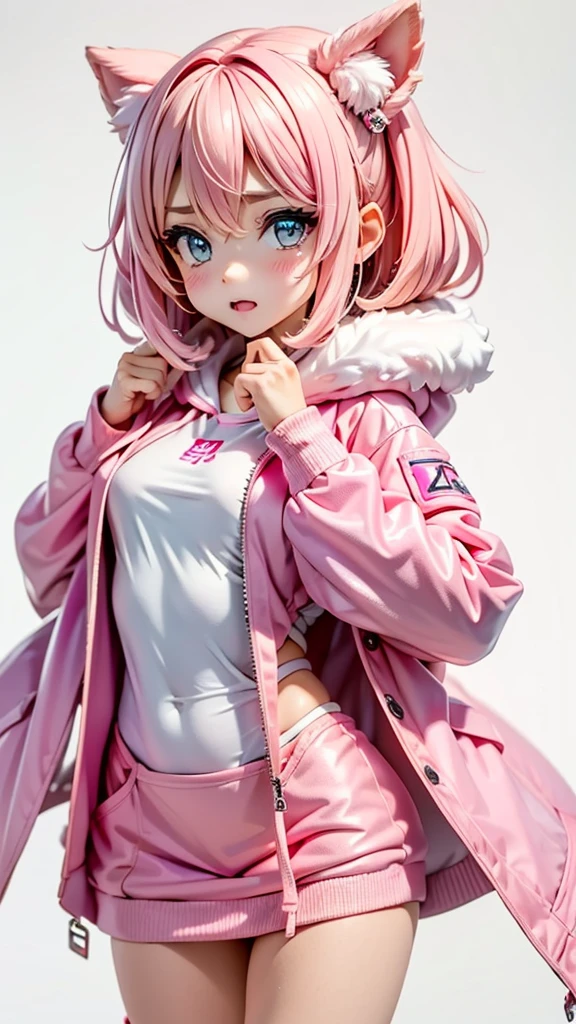 a woman in a pink robe standing in front of a white background, coat for a rave, stylish coat for a rave, pink fur, coat for a rave with fur, neon pink, pink fluffy fur, wearing a pink hoodie, hot pink, furry style, pink clothes, some pink, pink girl, fluffy ebay product, ((pink)), fur coat, fluffy