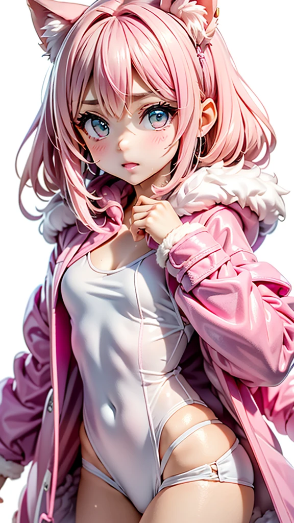 a woman in a pink robe standing in front of a white background, coat for a rave, stylish coat for a rave, pink fur, coat for a rave with fur, neon pink, pink fluffy fur, wearing a pink hoodie, hot pink, furry style, pink clothes, some pink, pink girl, fluffy ebay product, ((pink)), fur coat, fluffy