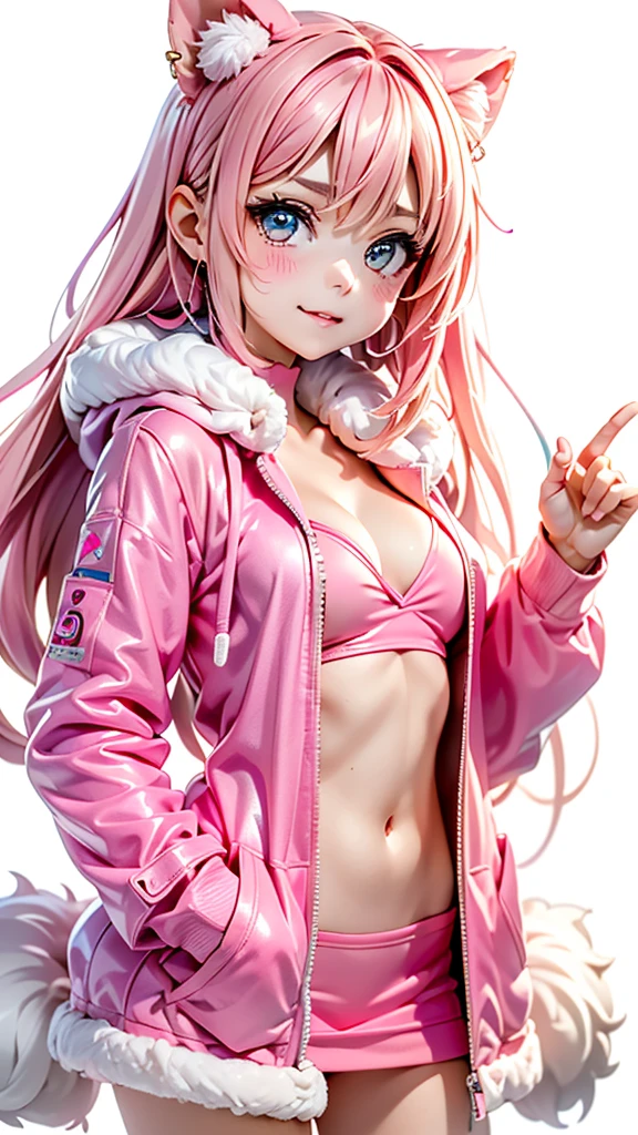 a woman in a pink robe standing in front of a white background, coat for a rave, stylish coat for a rave, pink fur, coat for a rave with fur, neon pink, pink fluffy fur, wearing a pink hoodie, hot pink, furry style, pink clothes, some pink, pink girl, fluffy ebay product, ((pink)), fur coat, fluffy