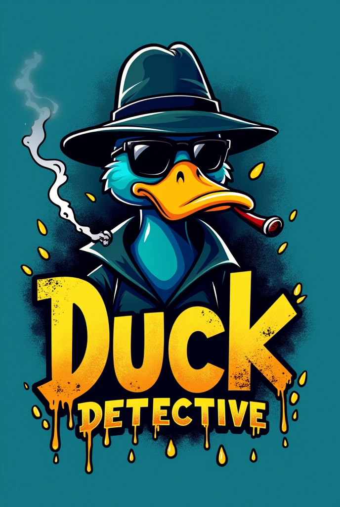 logo TKSD font grafitty,  and duck detective, black sunglasses, smoker, yellow oil liquid texture, blue backround.