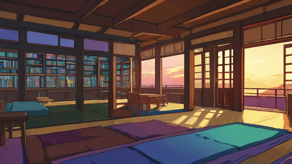 Flat Line、anime、anime調、デジタルanimeアート、photograph、Back Blur、high quality、High resolution、Very detailed、Angle from the feet、library、dim、evening 、indoor
