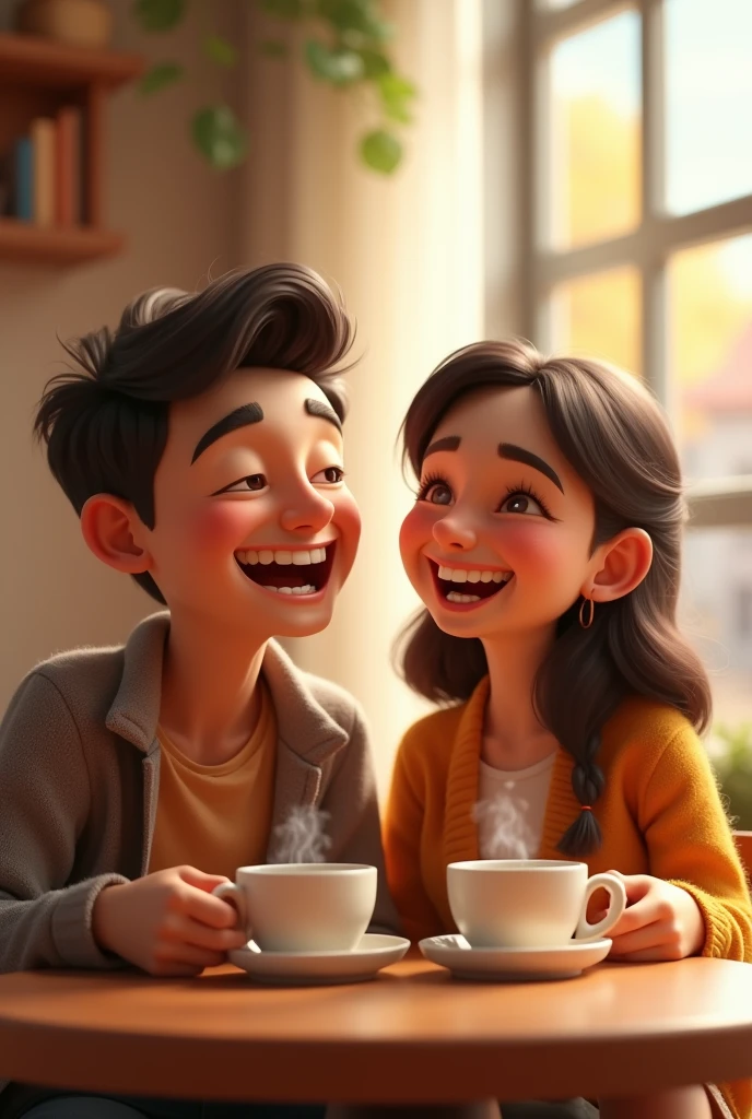 In cinematic 3d cartoon style" Slide 2:
Image: The couple sharing a laugh over coffee.
Text: "Two hearts met and found their rhythm."