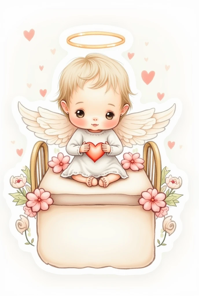 Drawn angel sticker - a child holding a heart, sits on the crib.
halo overhead. Flowers
Word" limit" under it